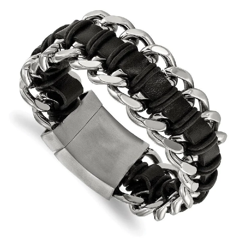 Unique Charm Bracelet-Stainless Steel Brushed and Polished Blk Leather Bracelet