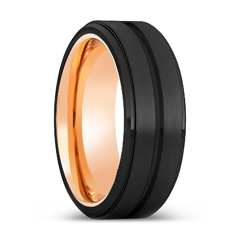 RAZORBLADE | Rose Gold Ring, Black Tungsten Ring, Grooved, Stepped Edge