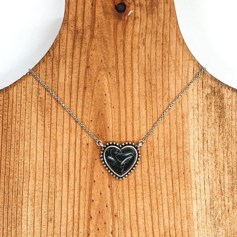 Silver Necklace with Pendant-Silver Chain Necklace with Small Stone Heart Pendant in Black