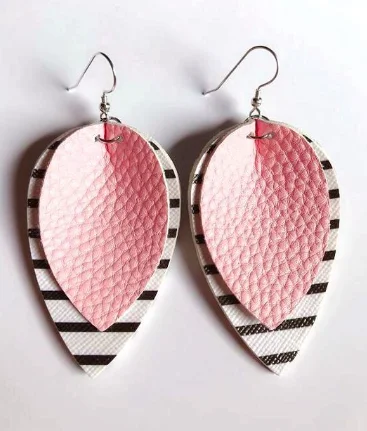 Elegant Chandelier Earrings-Pink Striped Leather Drop Earrings