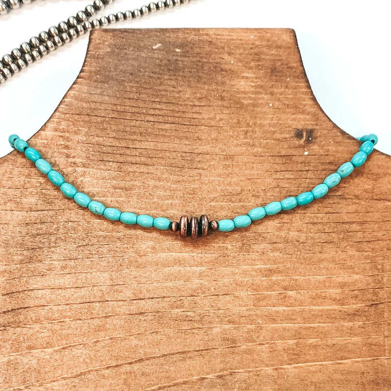 Silver Necklace with Gemstones-Oval Bead Necklace with Copper Tone Saucer Beads in Turquoise