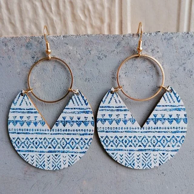 Cool Cuff Earrings-Geometric Pattern Circle Wood Earrings