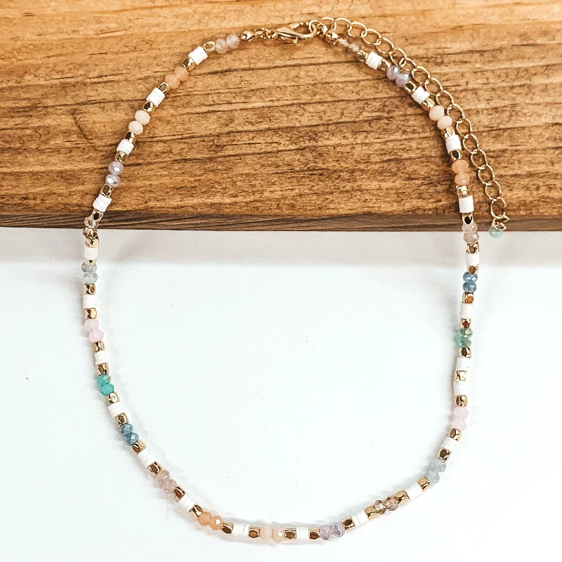 Classic Pendant Necklace-Crystal and Disc Beaded Choker Necklace with Gold Spacers in Pastel Mix