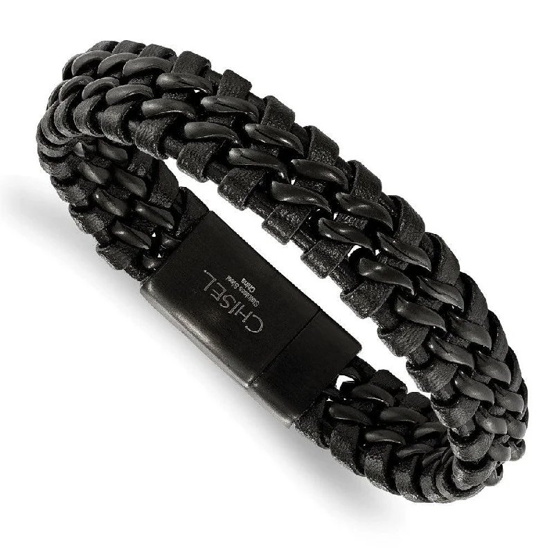 Adjustable Beaded Bracelet-Stainless Steel Brushed Black IP-plated Black Leather Bracelet