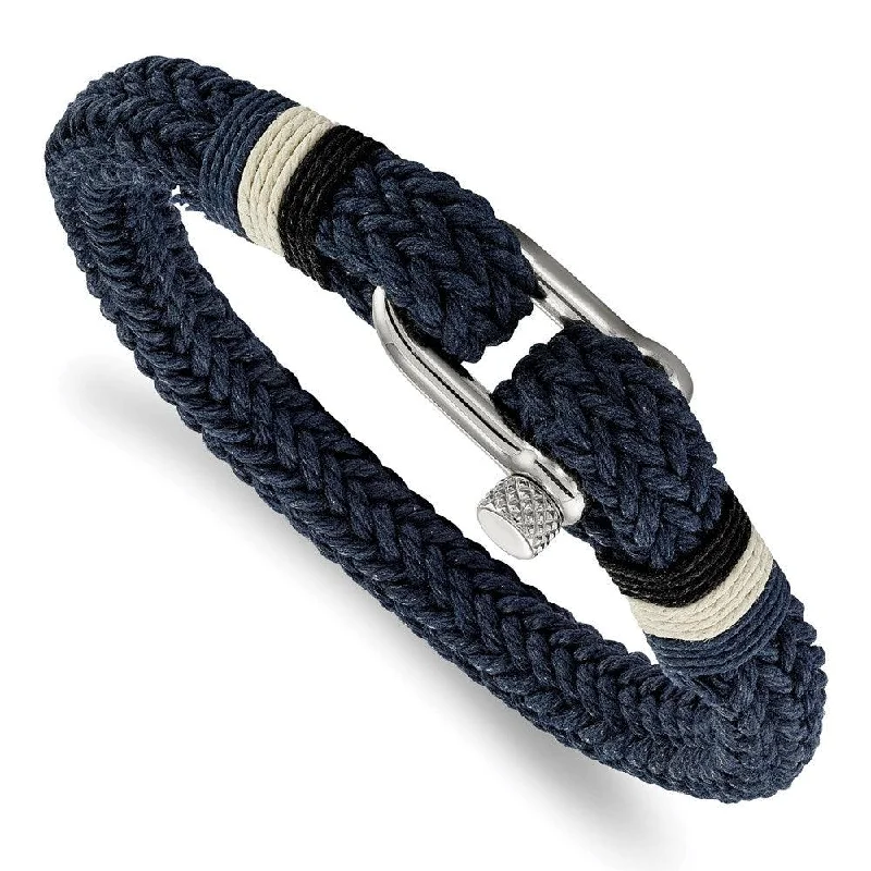 Men’s Leather Bracelet-Stainless Steel Polished Woven Navy Cotton Bracelet