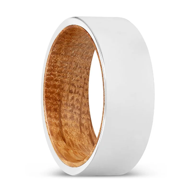 FORREST | Whiskey Barrel Wood, Silver Tungsten Ring, Shiny, Flat