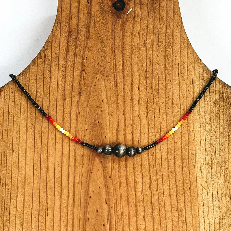 Gold Bar Necklace-Aztec Seed Beaded Choker Necklace with Silver Beads in Black