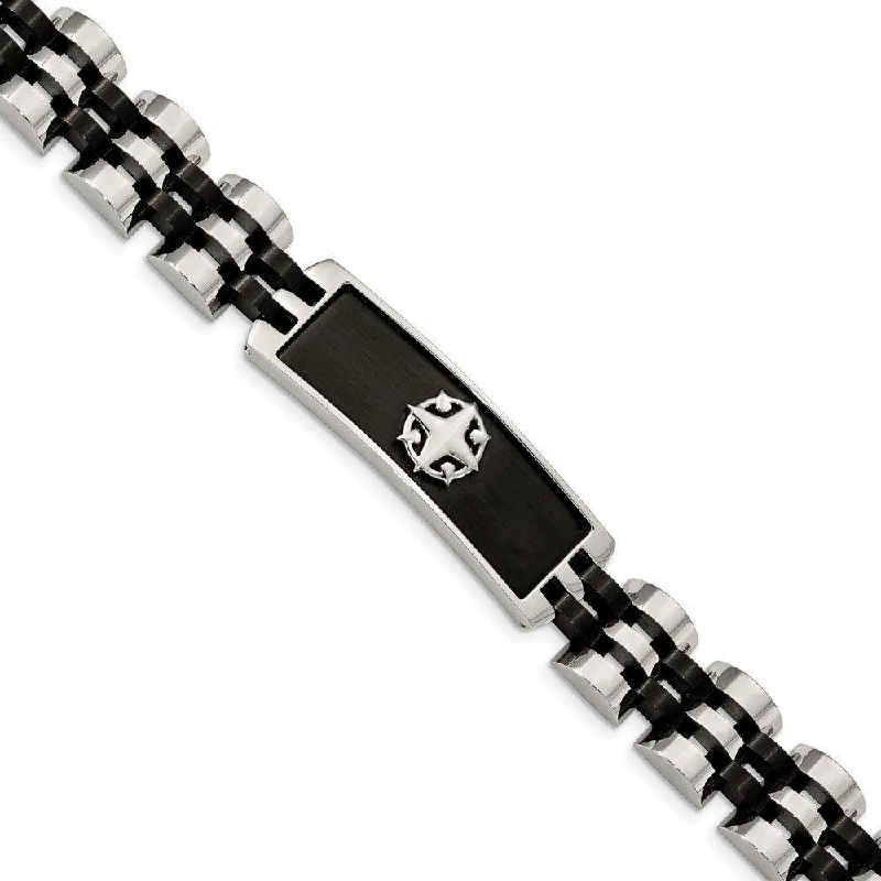 Simple Silver Bracelet-Stainless Steel Brushed and Polished Black IP-plated 8.25in ID Bracelet