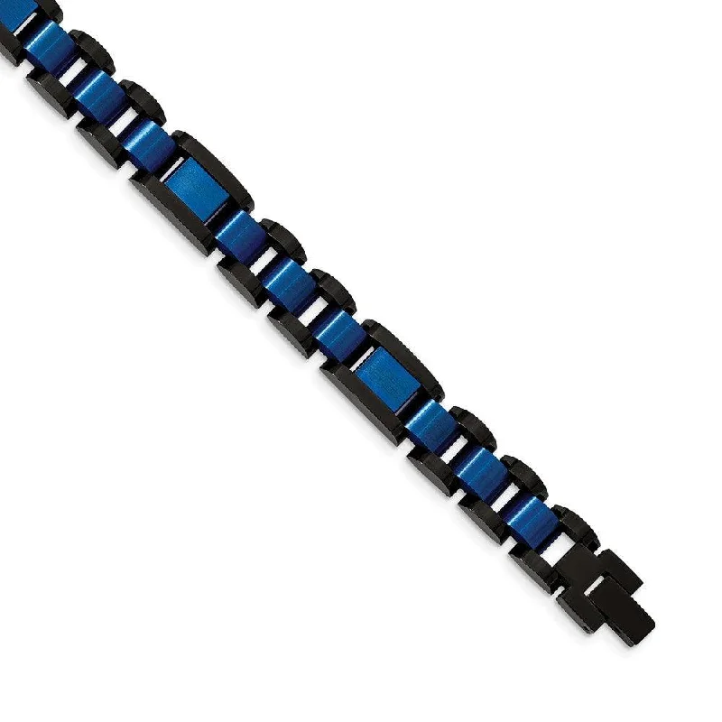 Gold-Plated Bracelet-Stainless Steel Brushed & Polished Black & Blue IP-plated 8.75in Bracelet