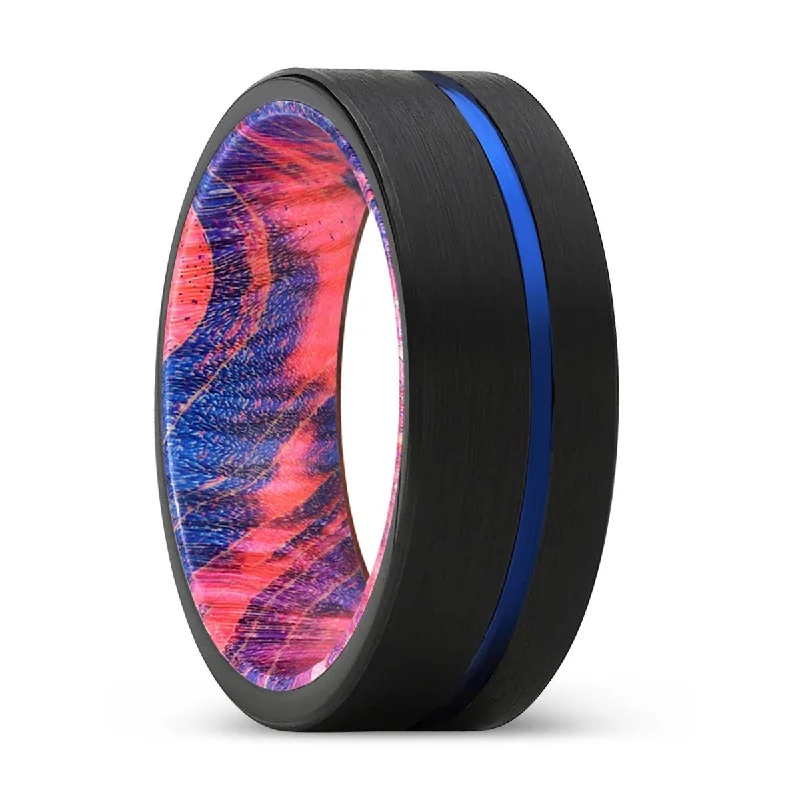 ORPHIC | Blue & Red Wood, Black Tungsten Ring, Blue Offset Groove, Flat