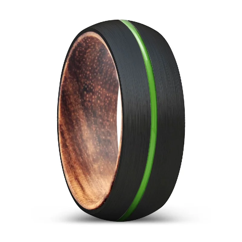 FLUFFY | Zebra Wood, Black Tungsten Ring, Green Groove, Domed