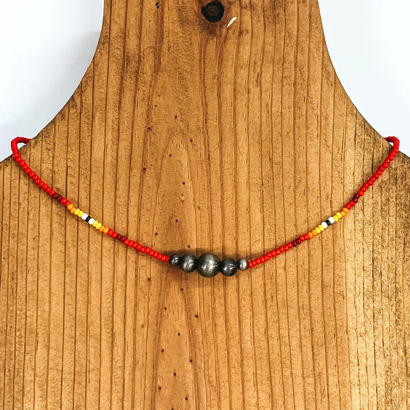 Personalized Silver Necklace-Aztec Seed Beaded Choker Necklace with Silver Beads in Red