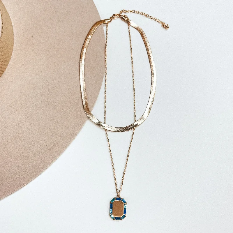 Gemstone Necklace-Made For Royalty Herringbone Chain and Gold Tone Necklace with Rectangular Pendant in Blue