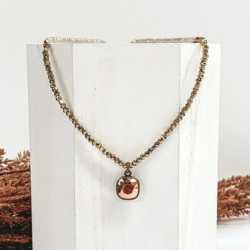 Stylish Heart Necklace-Pink Panache | Bronze Crystal Beaded Necklace with Rose Gold Cushion Cut Crystal