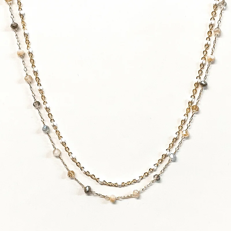 Swarovski Crystal Necklace-Two Strand Gold Chain Necklace with Bead Spacers in Nude Multi