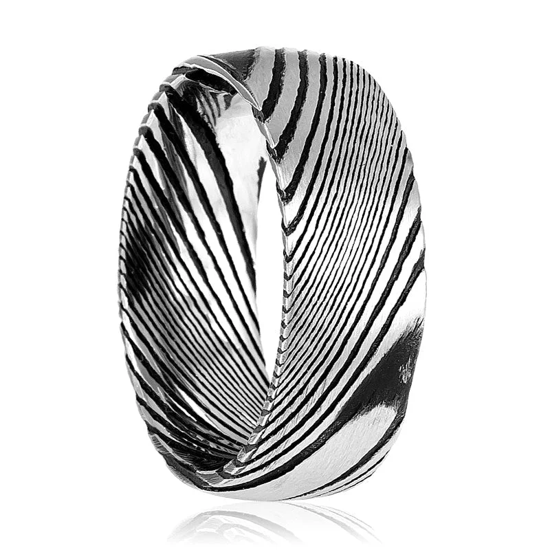 SWIRL | Silver Damascus Steel, Burl Wood Grain Texture, Domed