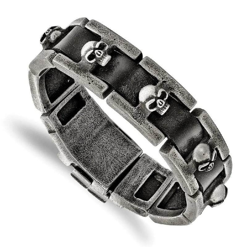 Diamond Bangle Bracelet-Stainless Steel Brushed Antiqued Skull Black Leather Bracelet