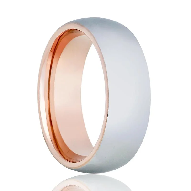 Two-Tone Men's Tungsten Wedding Band with Rose Gold Interior & Shiny Silver Outer with Domed Edges - 8MM