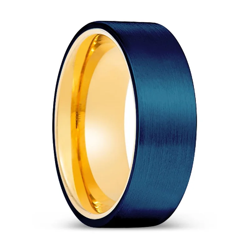 PRISTINE | Gold Ring, Blue Tungsten Ring, Brushed, Flat