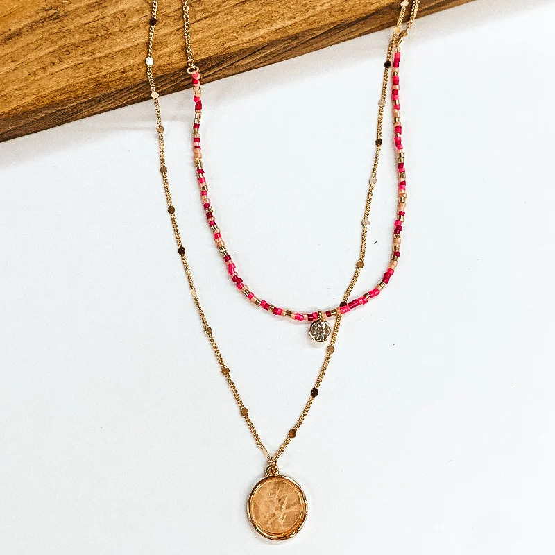 Double Layer Necklace-Thank Me Later Double Layered Gold Necklace with Pink Beads and Rose Quarts Pendant