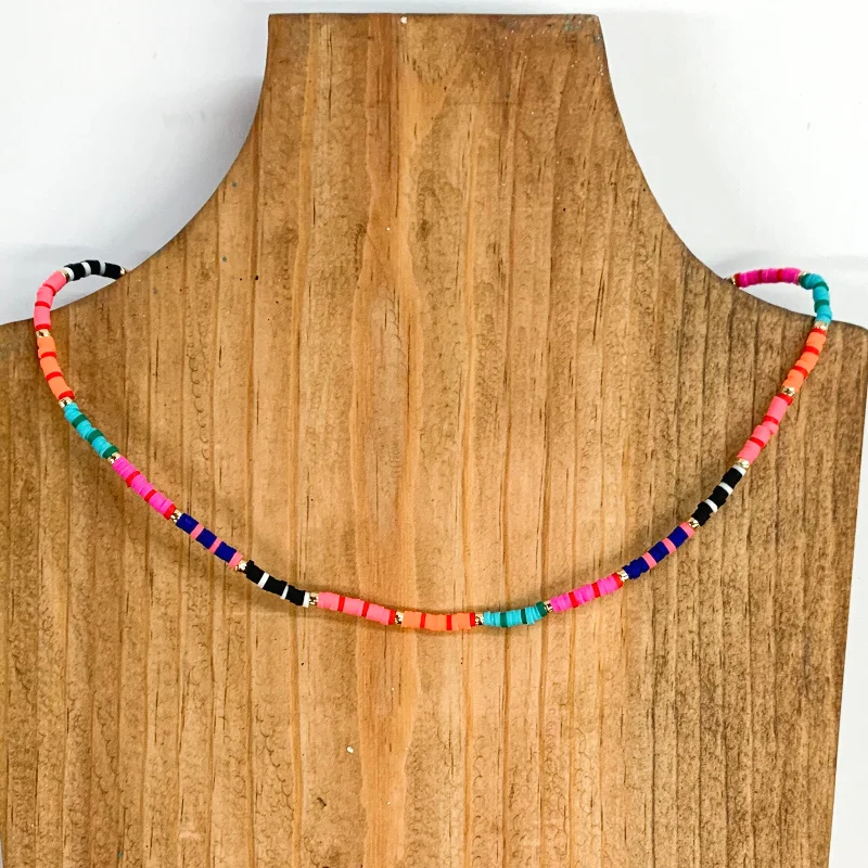 Minimalist Silver Necklace-Disc Beaded Necklace with Gold Tone Spacers in Neon Multicolored