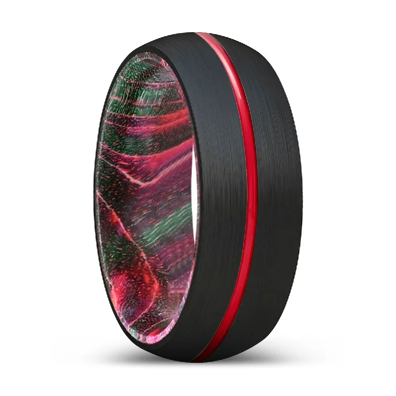 WICKED | Green & Red Wood, Black Tungsten Ring, Red Groove, Domed