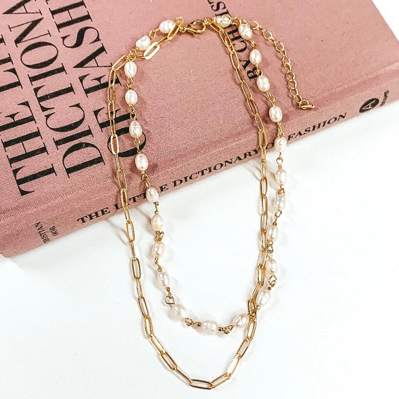 Dainty Gold Necklace-Double Layered Paperclip Chain and White Pearl Linked Necklace in Gold Tone