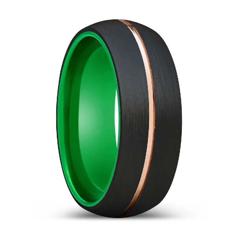 OCELOT | Green Ring, Black Tungsten Ring, Rose Gold Groove, Domed