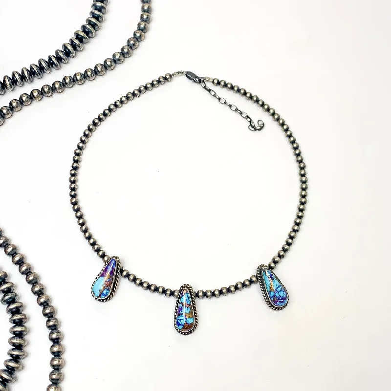 Fashion Statement Necklace-Elouise Kee | Navajo Handmade 4mm 14 inch Navajo Pearl Necklace with 3 Teardrop Remix Mojave Turquoise Stones