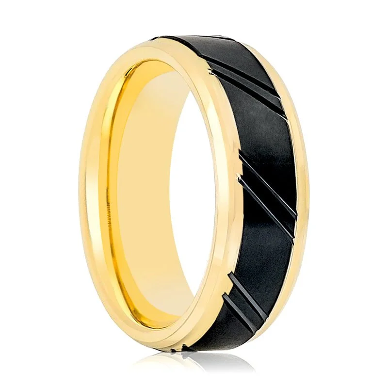 Yellow Gold Ring Stepped Edge with Black Diagonally Grooved Center Brushed Finish