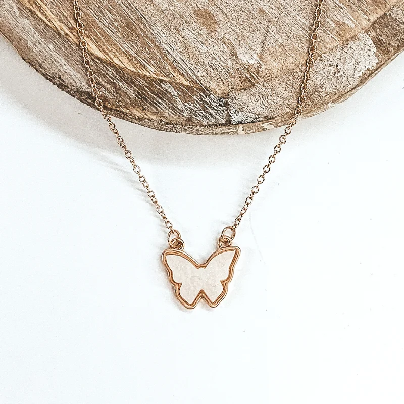 Elegant Choker Necklace-Druzy Butterfly Gold Necklace in White