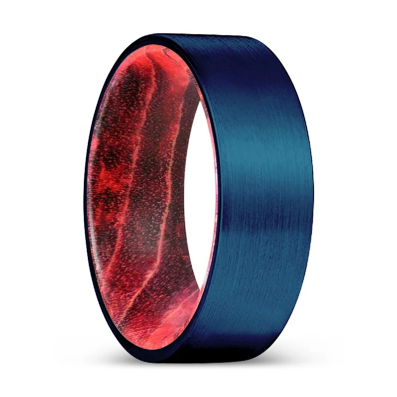 MAJOR | Black & Red Wood, Blue Tungsten Ring, Brushed, Flat