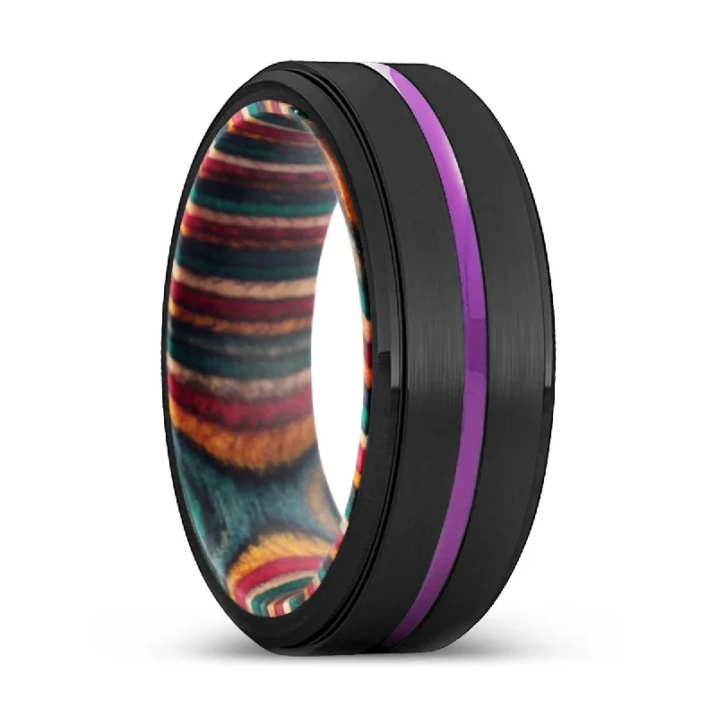 NOWRA | Multi Color Wood, Black Tungsten Ring, Purple Groove, Stepped Edge