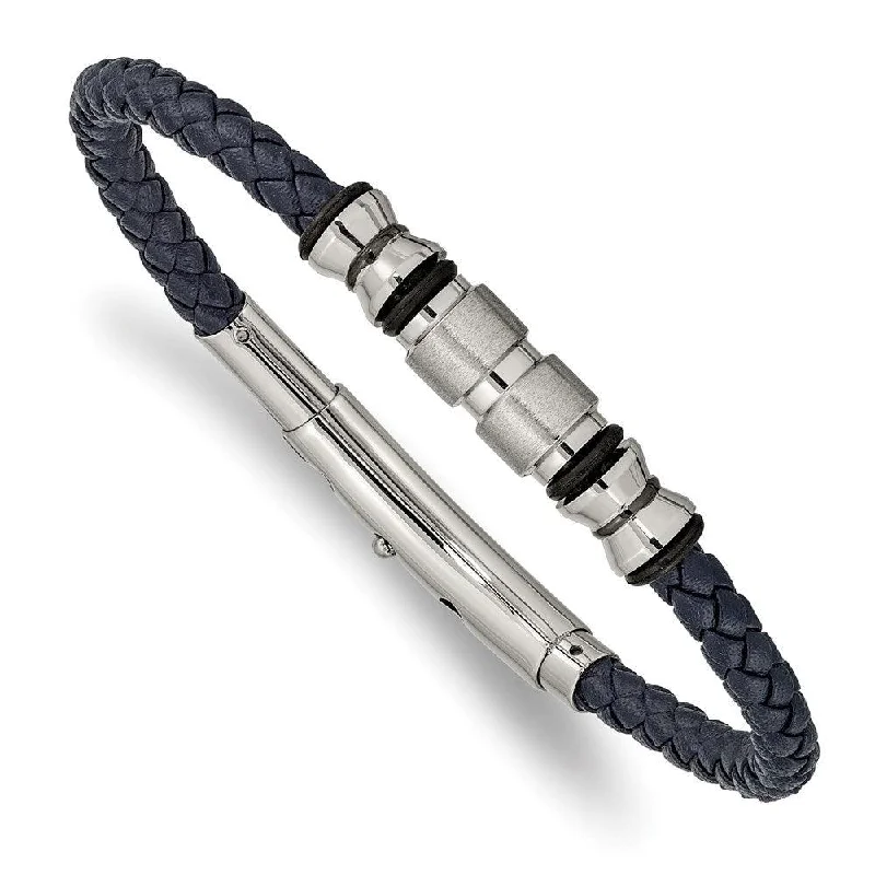 Men’s Charm Bracelet-Stainless Steel Brushed & Polished Blk IP/Rubber Blue Leather Adj. Bracelet