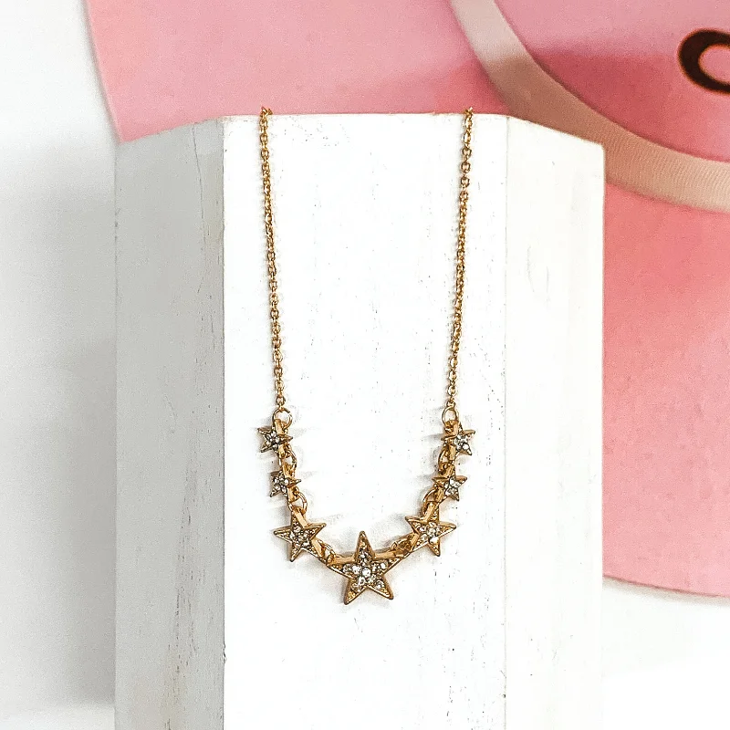 Teardrop Crystal Necklace-Simple Chain Necklace and Star Charms with Clear Crystals in Gold