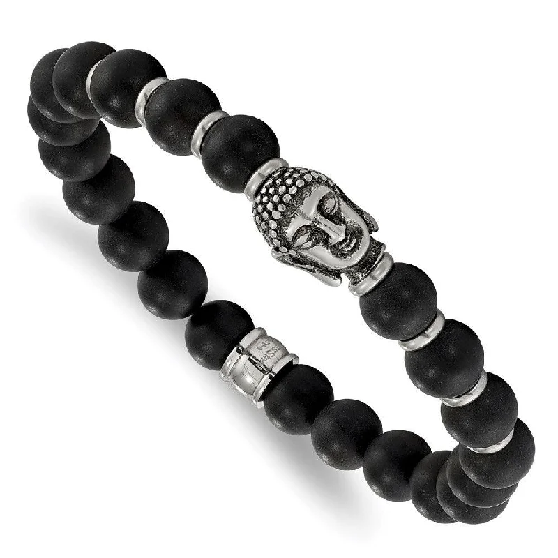 Double Bracelet Set-Stainless Steel Buddha Black Agate Beaded Stretch Bracelet