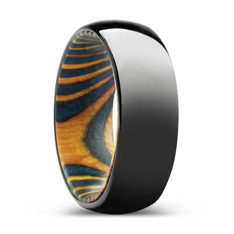 WOODLORE | Green & Yellow Wood, Black Tungsten Ring, Shiny, Domed