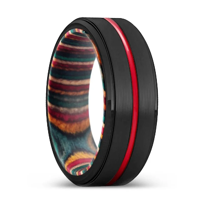 HANDSOME | Multi Color Wood, Black Tungsten Ring, Red Groove, Stepped Edge