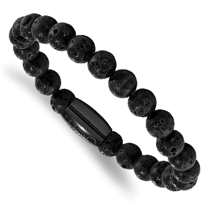 Layered Beaded Bracelet-Stainless Steel Polished Black IP-plated Lava Rock Beaded Stretch Bracelet