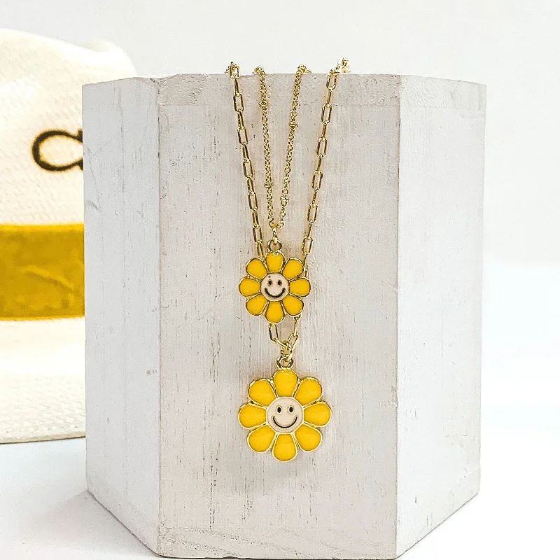 Silver Diamond Necklace-Flower Child Gold Tone Double Stranded Necklace in Yellow