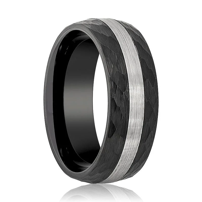 Men's Black Hammered Tungsten Wedding Band with Silver Brushed Stripe Center Domed Edges