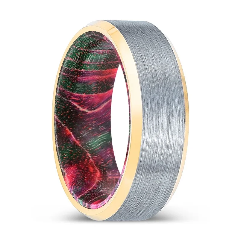 PINESTALK | Green & Red Wood, Brushed, Silver Tungsten Ring, Gold Beveled Edges