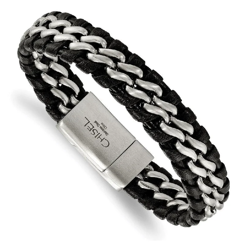 Customizable Bracelet for Gift-Stainless Steel Brushed Black Leather Bracelet