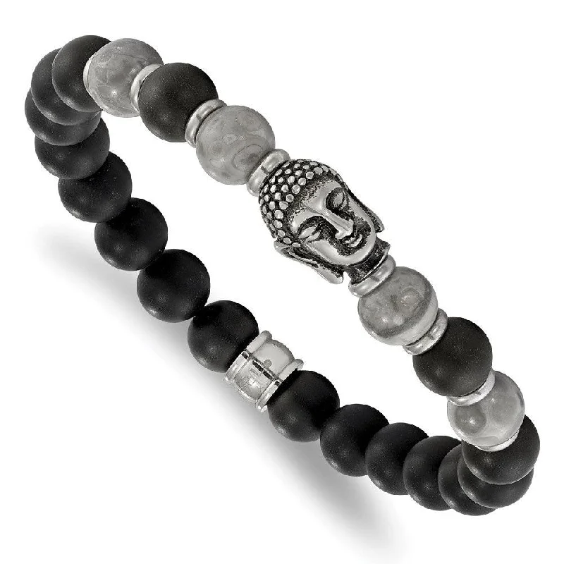 Gold Heart Bracelet-Stainless Steel Buddha Black Agate/Grey Jasper Beaded Stretch Bracelet