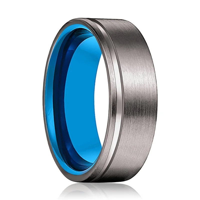 AZRAQ | Blue Tungsten Ring, Gunmetal Tungsten Offset Groove