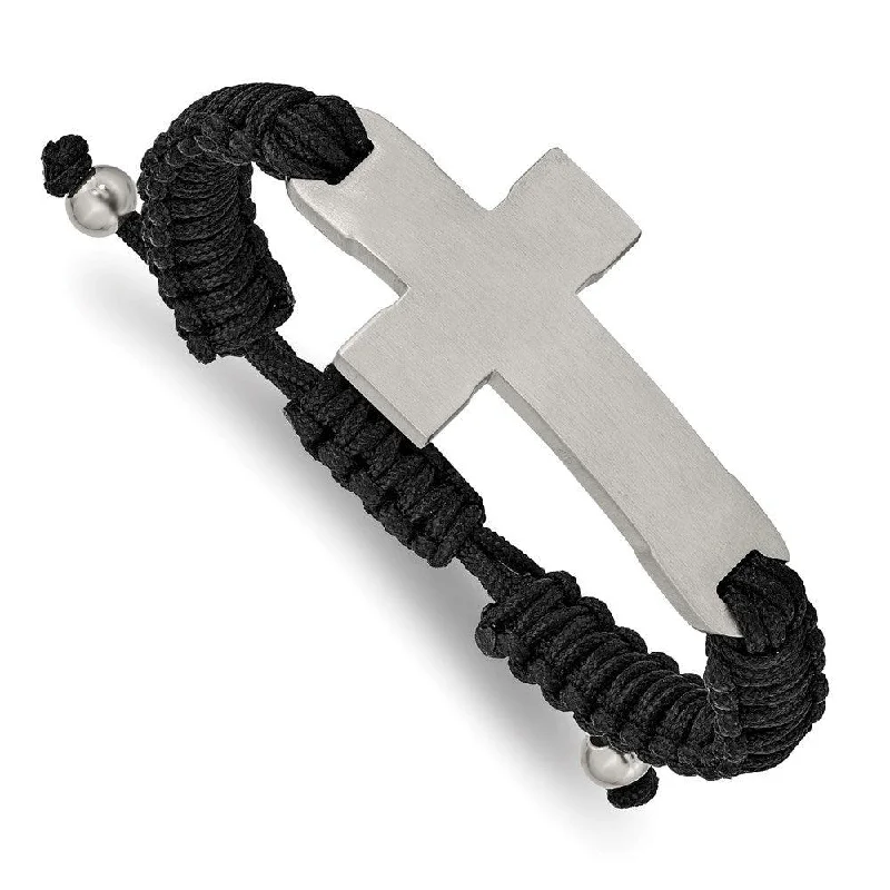 Vintage Style Bracelet-Stainless Steel Brushed and Polished Black Nylon Adjustable Cross Bracelet