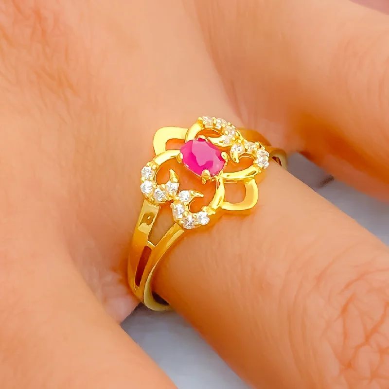 Ornate Flower 22k Gold CZ Ring