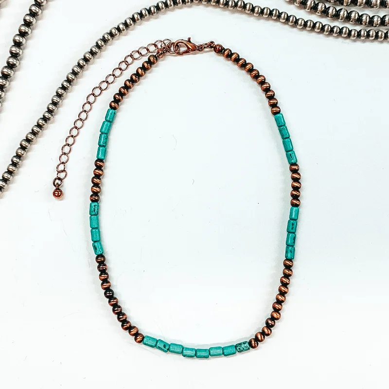 Classic Gold Necklace-Faux Navajo and Turquoise Beaded Necklace in Copper Tone