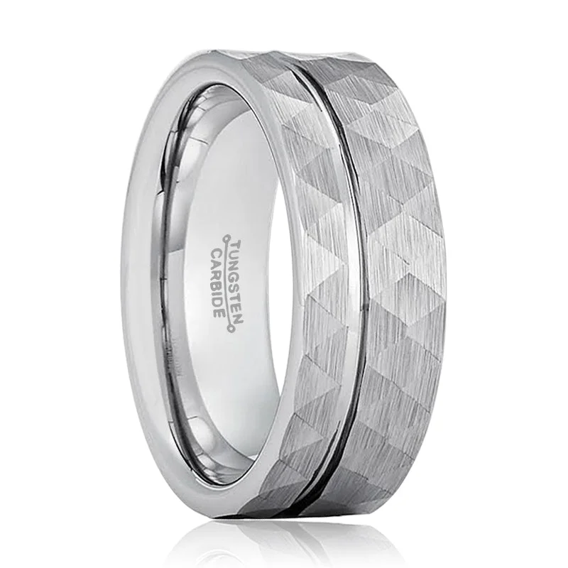 ROCCO | Silver Tungsten Ring, Hammered, Off-Center Groove, Flat