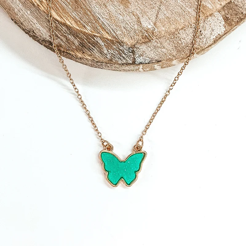 Custom Necklace for Gift-Druzy Butterfly Gold Necklace in Mint